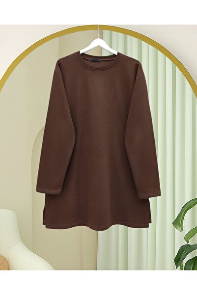 Modamorfo Round Neck Slit Casual Combed Cotton Tunic - Brown