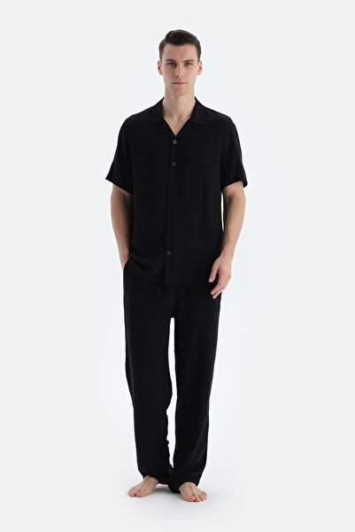 Dagi Black Striped Short Sleeve Woven Groom Shirt