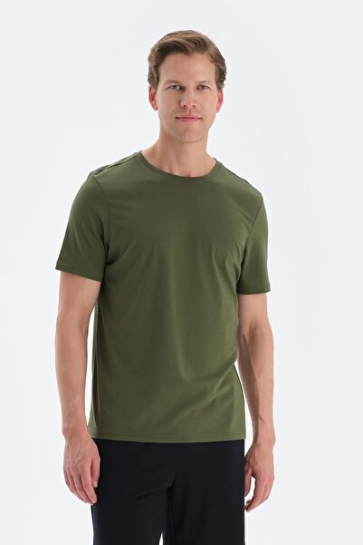 Dagi Khaki Crew Neck Silk Apre Short Sleeve T-Shirt