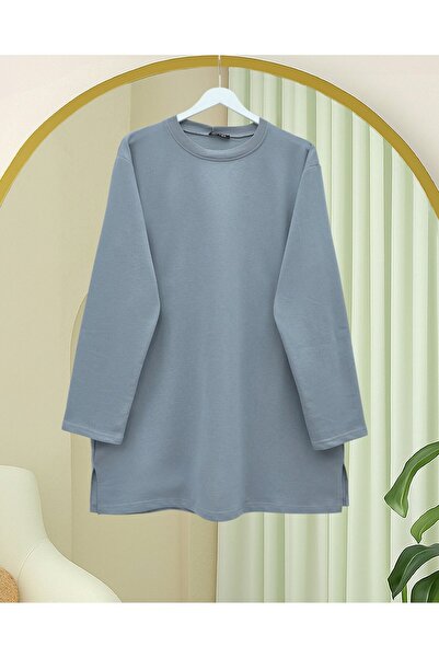 Modamorfo Round Neck Slit Casual Combed Cotton Tunic -Gray