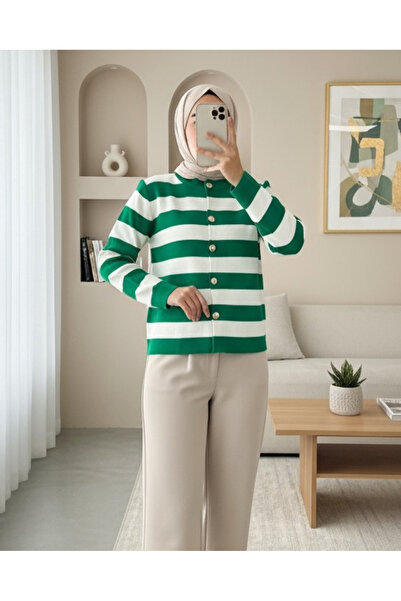 Modamorfo Ringed Metal Buttoned Short Cardigan - Forest Yş.