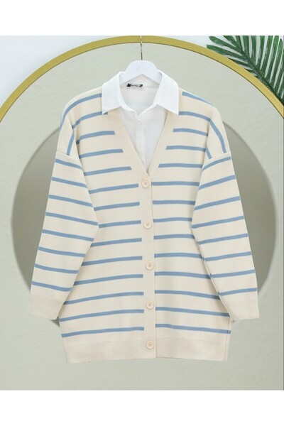 Modamorfo Striped Buttoned V-Neck Sweater Cardigan -Blue