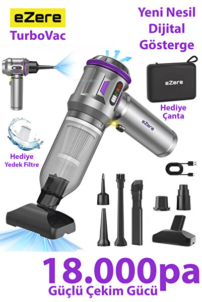 EZERE TurboVac 18000pa Güçlü Dijital Göstergeli Vakumlu Kablosuz Üflemeli Mini Araç Süpürgesi