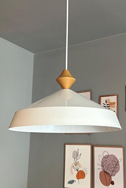 Bamyum Lema Beyaz Tekli Avize Büyük Q Ahşap Başlık Sarkıt Lamba Restoran Cafe...