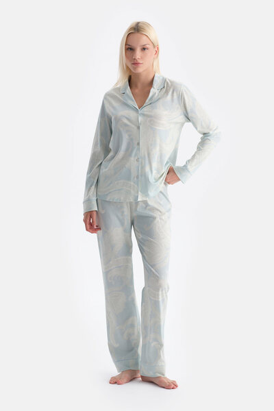 Dagi Water Green Shawl Patterned Shirt Pants Set