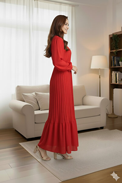 Sura Fashion Pleated Balloon Sleeve Chiffon Dress