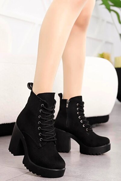 Mamito Ayakkabı JVL 207 Bağcıklı Detay Yüksek Topuk Bot-SİYAH SUET