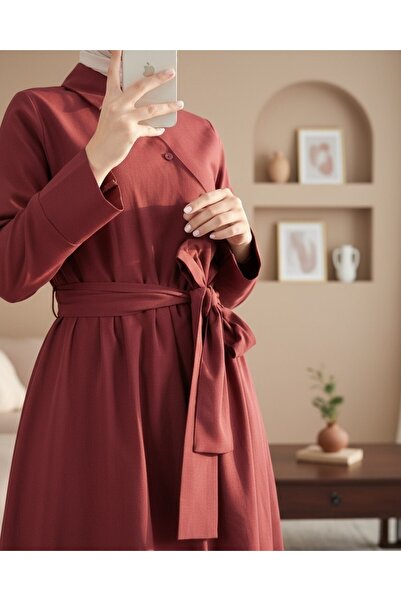 Modamorfo Φόρεμα με γιακά πουκάμισο με χιαστί κουμπιά και δεμένη μέση - Μπορντό