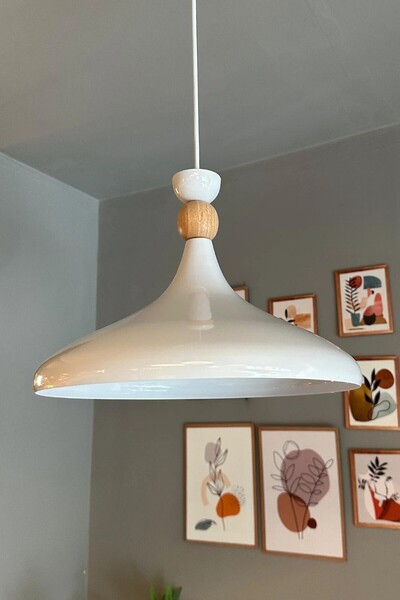 Bamyum Beyaz İç Beyaz Ahşap Şapka Tekli Avize Sarkıt Salon Mutfak Cafe Butik Lamba Aydınlatma Avizeler