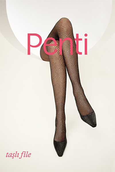 Penti Taşlı File Gri Külotlu Çorap