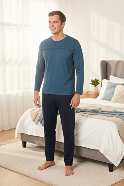 PİJAPİA Erkek Mavi Uzun Kollu %100 Pamuk Pijama Takımı Rahat ve Yumuşak Dokulu