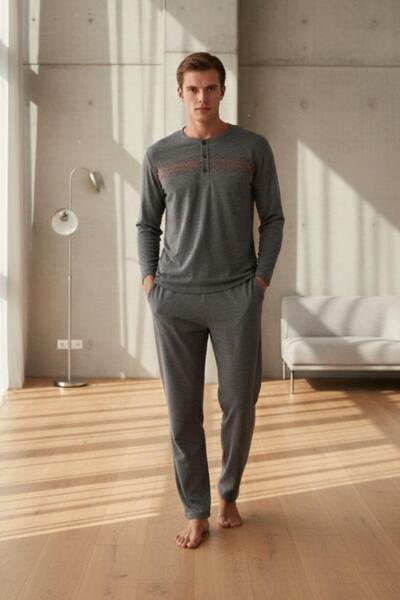 PİJAPİA Ανδρικό σετ πιτζάμες με μακρυμάνικο γκρι χρώμα, 100% βαμβάκι, άνετο κ...