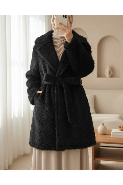 Modamorfo Beli Kuşaklı Cepli Sakallı Kap -Siyah