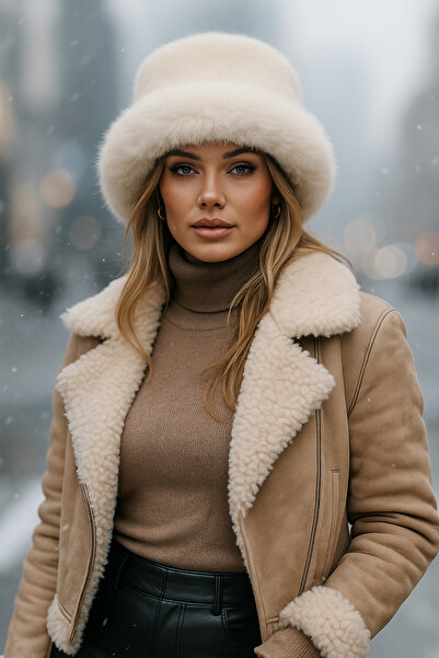 Luminos Butik Bej Kalın Peluş Kalpak Şapka - Bere Sıcak Tutan Şık Dış Mekan Soğuktan Koruma Spk1143