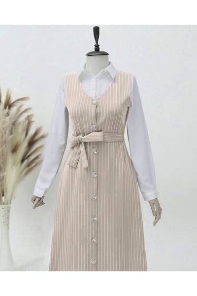 Modamorfo Beige Buttoned Belted Striped Gilet