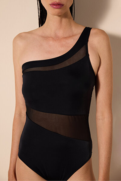 Penti Shay One Shoulder Mesh Detailed Black Swimsuit
