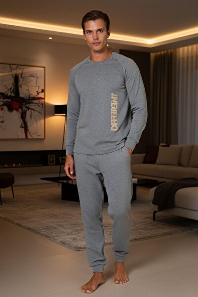 PİJAPİA Ανδρικό σετ πιτζάμες με μακρυμάνικο γκρι χρώμα, 100% βαμβάκι, άνετο κ...