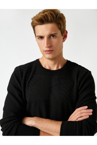 Koton Herrenbekleidung Pullover mit Rundhalsausschnitt und geprägtem Muster 2kam94256ot Schwarz Schwarz