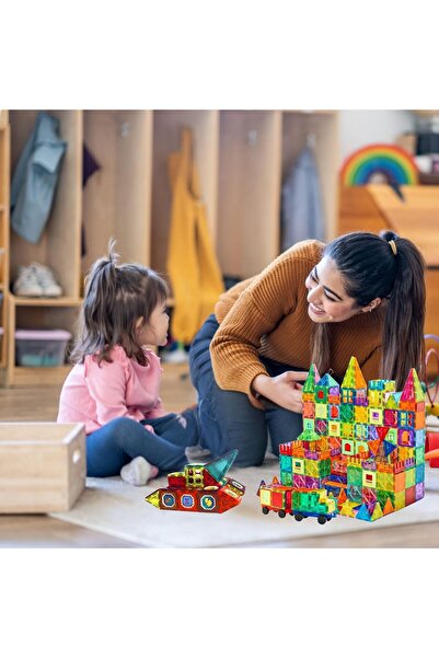 lil munchkins Magnetic Tiles 100 PCS with 2 Cars, STEM Building Blocks for Kids Ages 3-9