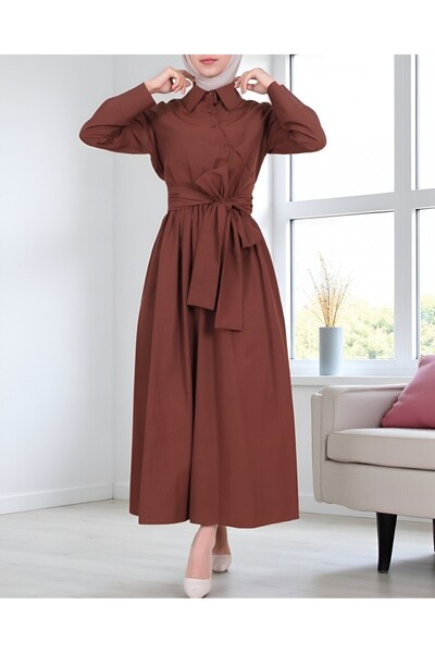 Modamorfo Φόρεμα με γιακά πουκάμισο με δεμένη μέση με σταυρωτά κουμπιά - Καφέ