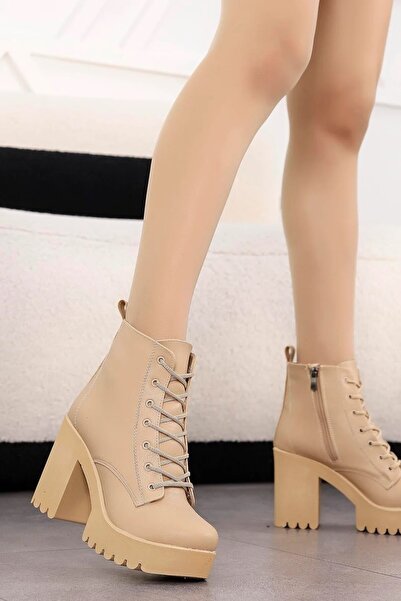 Mamito Ayakkabı JVL 207 Μπότες με ψηλό τακούνι με λεπτομέρεια με κορδόνια-ΝΥΦΙΚΟ ΔΕΡΜΑ