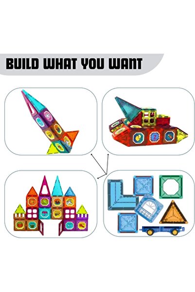 lil munchkins Magnetic Tiles 100 PCS with 2 Cars, STEM Building Blocks for Kids Ages 3-9