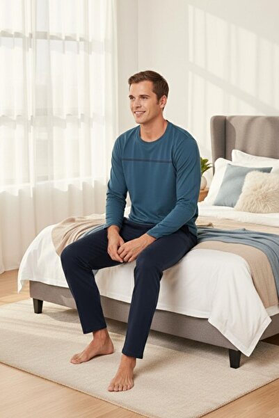 PİJAPİA Erkek Mavi Uzun Kollu %100 Pamuk Pijama Takımı Rahat ve Yumuşak Dokulu