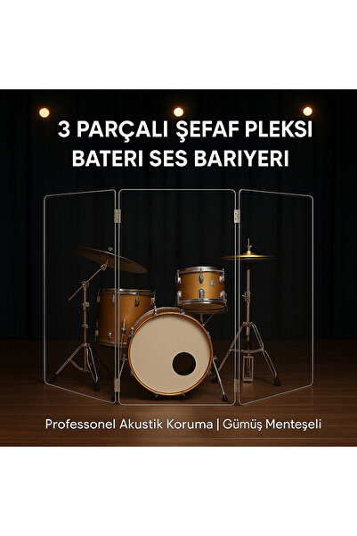 TIVIVOR 3 Parçalı Şeffaf Pleksi Bateri Ses Bariyeri Gümüş Menteşeli Akustik D...