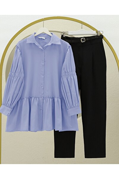 Modamorfo Sleeve Gathered Ruffle Detailed Shirt -Blue