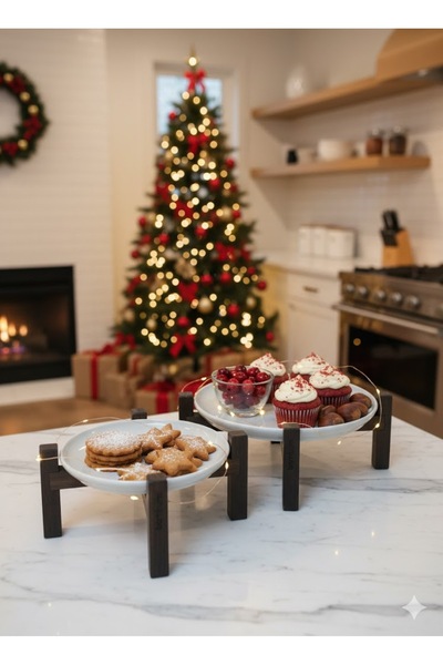 Bambum Alpina Set of 2 Black Bamboo Footed Ceramic Presentation Plates 17cm and 20cm, Serving Plate