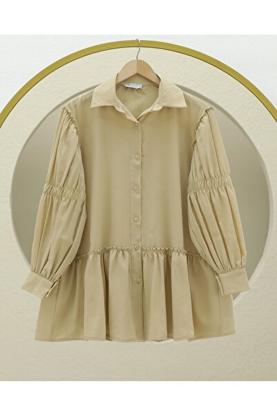 Modamorfo Sleeve Gathered Ruffle Detailed Shirt - Light Mink