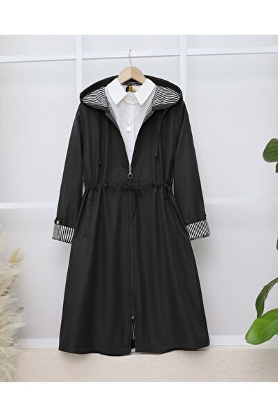 Modamorfo Beli Lastikli Kolu Katlamalı Kapşonlu Trenckot -Siyah