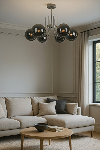 Uçar İdil Modern Tasarım Yatak Odası Mutfak Salon Oturma Odası Krom Renk Füme Camlı 6 lı Avize