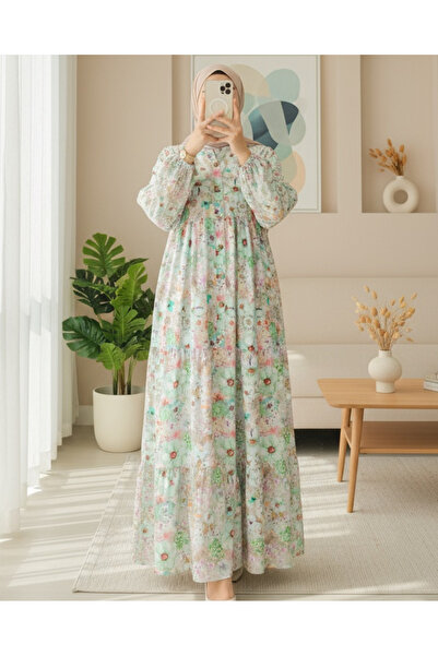 Modamorfo Φόρεμα με λουλουδάτο εμπριμέ με μισό κουμπί - Πράσινο