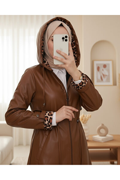 Modamorfo Kožená čepice s kapucí a šněrováním v pase - opálení