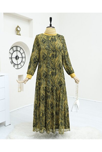 Modamorfo Ethnic Pattern Skirt Segmented Lined Chiffon Dress - Oil Green