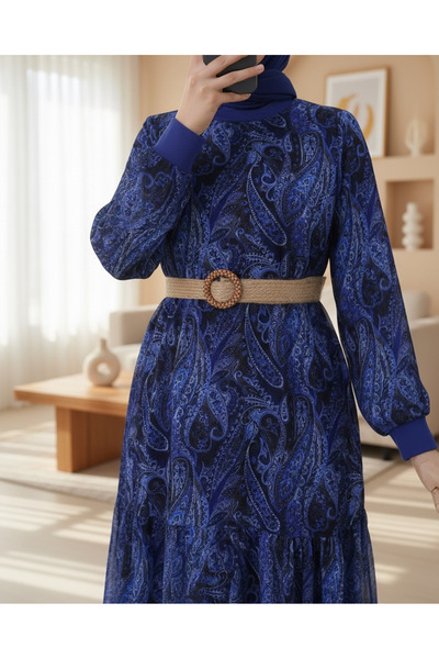 Modamorfo Ethnic Pattern Skirt Partially Lined Chiffon Dress - Navy