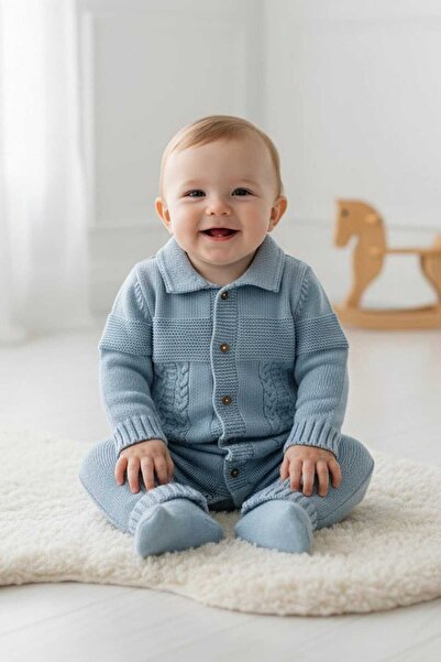 Mamman's Knitted Winter Baby Romper, Baby Collar, Thick Knitted Unisex Buttoned Romper for Girls and Boys