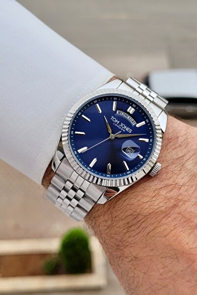 Tom Jones Kadranı Lacivert Kordonu Silver Renk 24 Ay Garantili 40 mm Erkek Ko...
