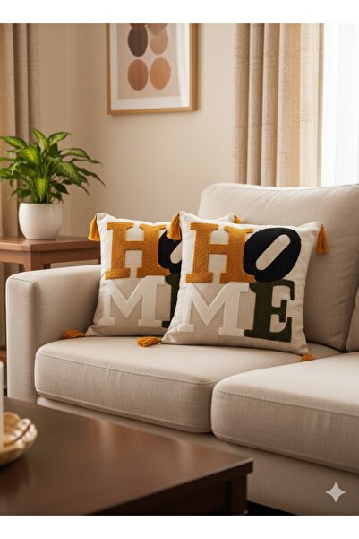 by ballı biocotton Husă decorativă pentru pernă cu ciucuri brodate, 2 piese