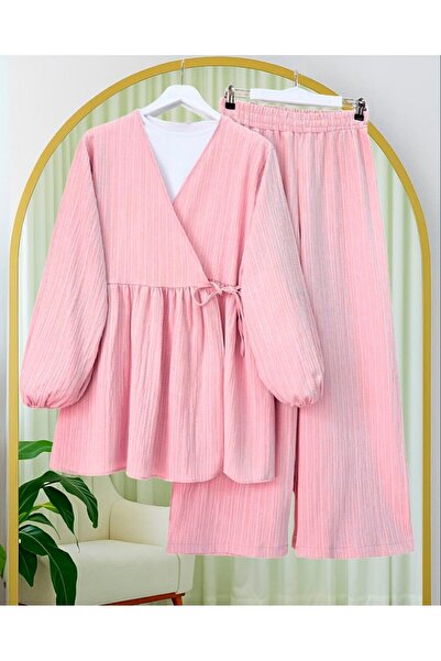 Modamorfo Tunic with Tie Inside and Wide Leg Trousers Set - Pink