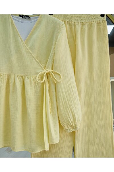 Modamorfo Tunic with Tie Inside and Wide Leg Trousers Set - Yellow