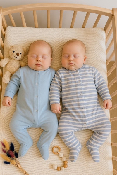 VANİLLİA Organik %100 Pamuklu Düz ve Çizgili Baskılı 2'li Tulum Set Yenidoğan...