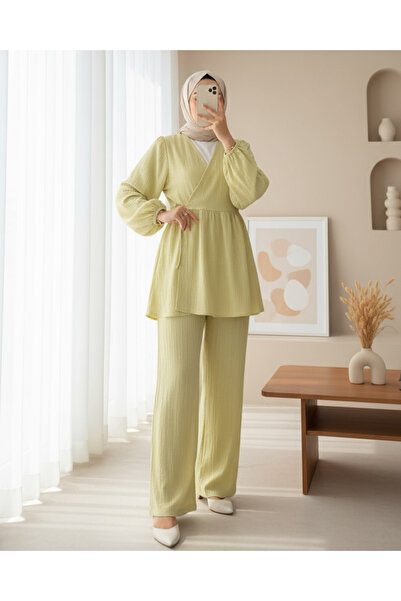 Modamorfo Tunic with Tie Inside and Wide Leg Trousers Set - Fat Green