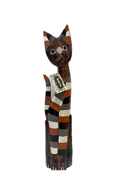 Barc Shop Ahşap Dekoratif Kedi Çizgili 80 Cm Otantik El yapımı Kedi Biblo