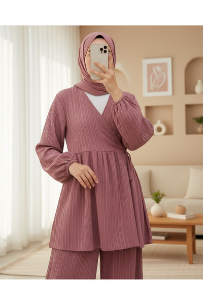 Modamorfo Tunic with Tie Inside and Wide Leg Trousers Set - Cherry