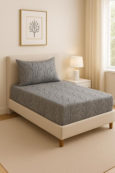 uykulife home collection Uykuli̇fe Gray Black Branch Pattern Elastic Bed Sheet Set