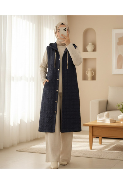 Modamorfo Hooded Chain Detailed Quilted Vest with Pockets - Navy