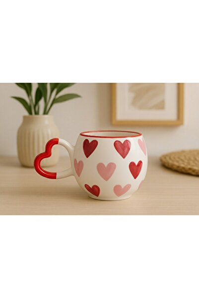 İZart Heart Handle Special Embossed with Heart Pattern Completely Handmade Ceramic Mug