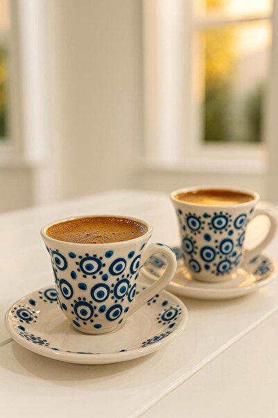 Yonca Hediyelik EL YAPIMI SERAMİK NAZAR BONCUKLU ŞIK TASARIM 2 Lİ TÜRK KAHVES...